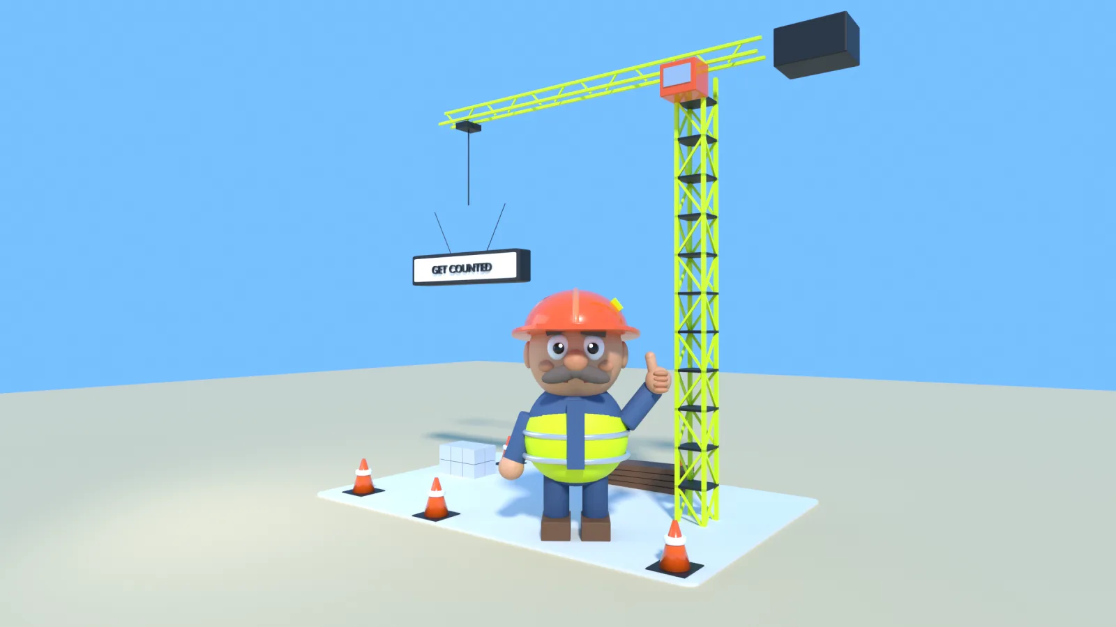 Hank, a cartoon foreman, gives a thumbs up on a jobsite while a crane hoists a sign that says Get counted